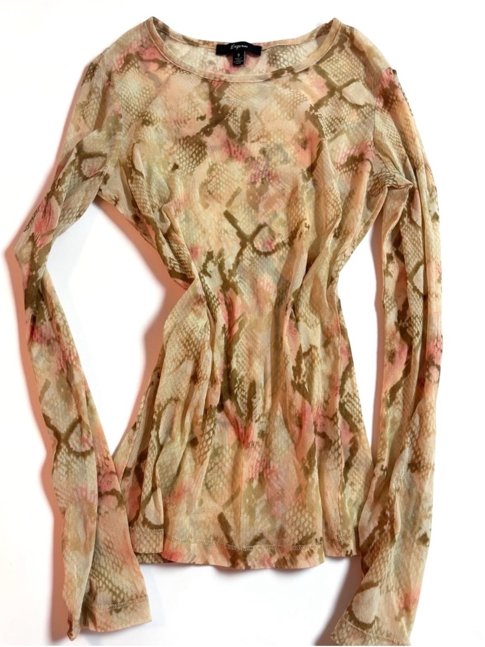 Y2K Express Snake Print Mesh Top Sheer Long Sleeve Fairy Grunge Going Out S